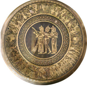 Vintage Egyptian Brass Wall Plate Etched Musicians Harp Black Enamel